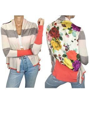 Ted Baker beige mixed media stripe lightweight knit floral satin open cardigan S